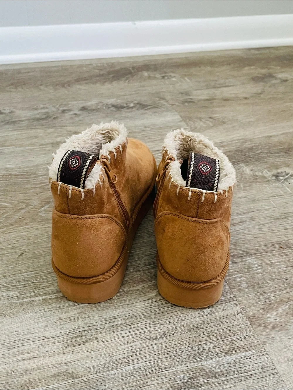 Tan Faux Suede Ankle Boots with Faux Fur Lining and Side Zipper – Women’s US 7